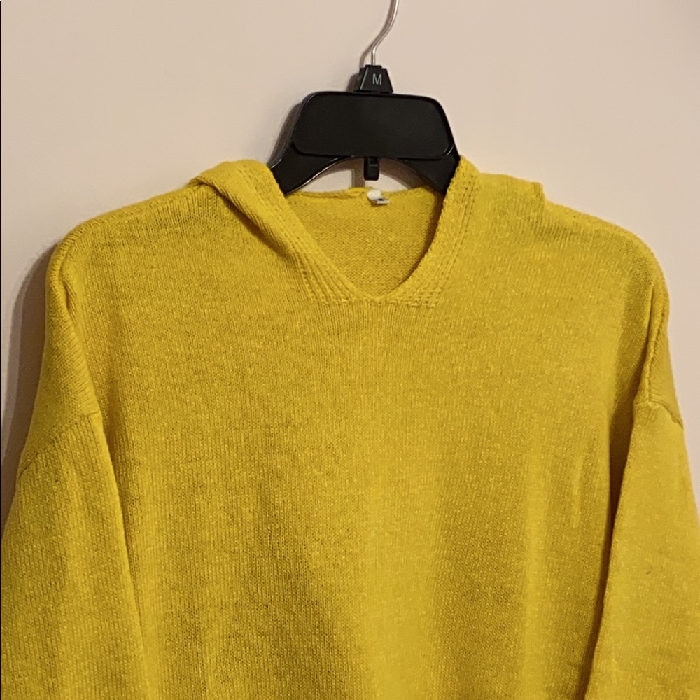 V-Neckline Solid Sweater Shift Sweaters with Hoodie, Color Yellow, Size M - Picture 3 of 8